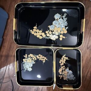 Vtg 3 Serving Tray's Toyo Black Lacquerware Japan Floral Decor Trim Item 90, A5